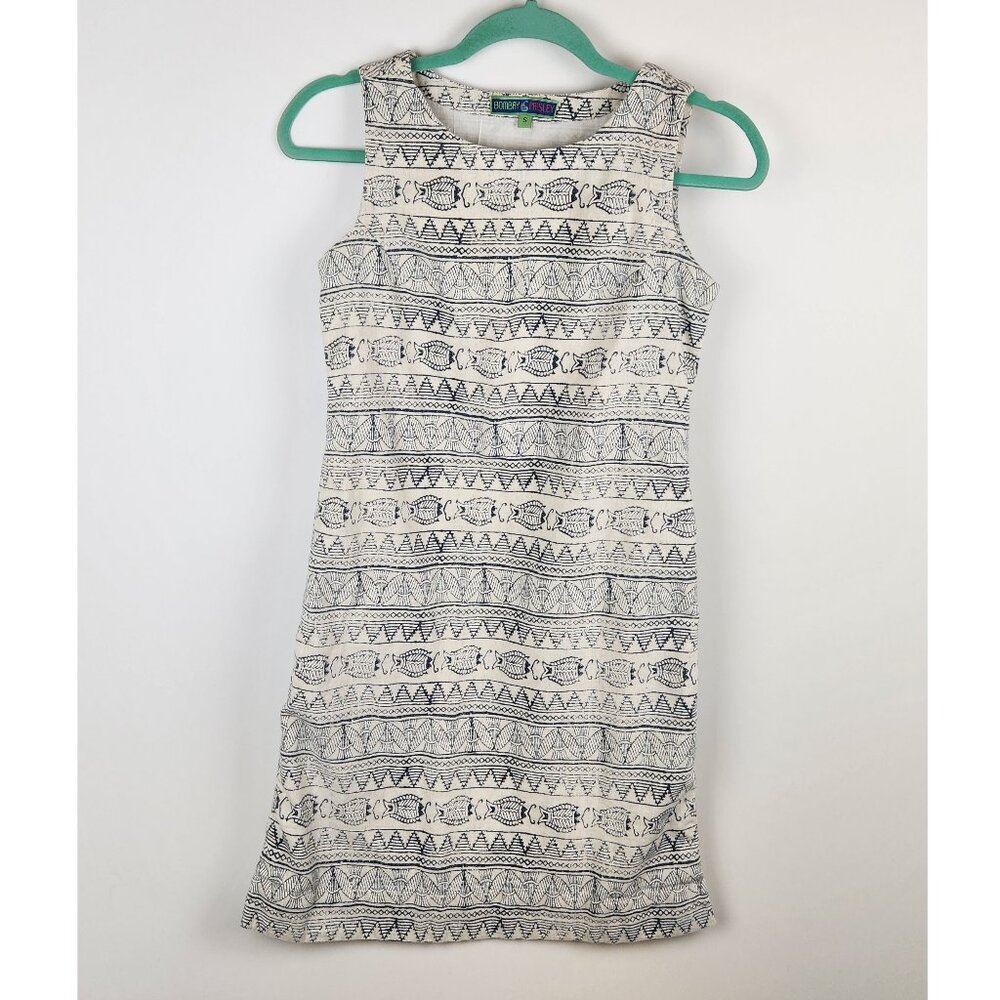 Bombay Paisley Linen Cotton Artsy Patterned Fish Midi Sheath Dress sz S